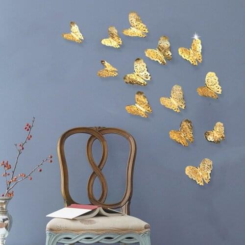 12pcs/Set Hollow 3D Butterfly Wall Sticker DIY Wedding Decoration Home Window Art Party Decor Gold Silver Butterflies Stickers