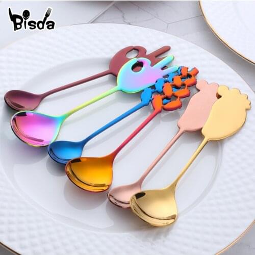 2Pcs Spoon Set Stainless Steel Dinner&Coffee Spoon Lovely Ice Cream Dessert Soup Spoons Gold Rainbow Flatware Party Utensils