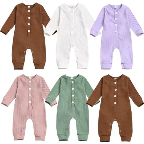 2020 Autumn Newborn Baby Girls Boys Clothes Toddler Long Sleeve V-neck Single-breasted Rompers Infant Solid Color Jumpsuit 0-24M