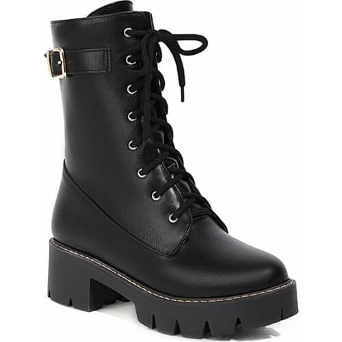 Metal Buckle Cross Strap Ankle Boots Thick-Soled Waterproof Platform Side Zipper Stitching Trend All-Match High-Top Shoes