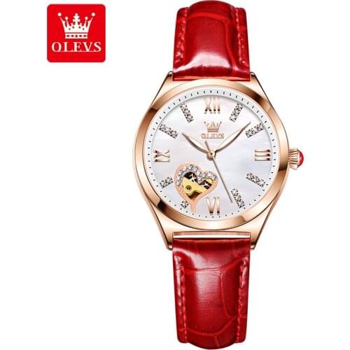 OLEVS Women Automatic Mechanical Watch Luxury Brand Leather Ladies Watch Rhinestone Skeleton Wristwatch Senhoras Assistir Reloj