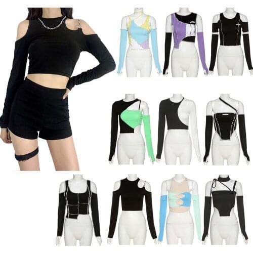 E-Girl Style Patchwork Black T-Shirts Gothic Hollow Out Sleeve Y2k Crop Tops Ruffles Hem Hip Hop Streetwear Women Tees