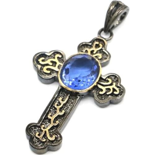 63x34mm Punk Long Cross 16g Vintage Created Pink Morganite Violet Tanzanite For Man Street Jewelry Black Gold Silver Pendant