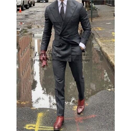 Double Breasted Grey Wedding Suit Prom Men Suit Groom Tuxedo Man Blazer Latest Design Costume Homme Mens Suit 2 Pcs Jacket Pant