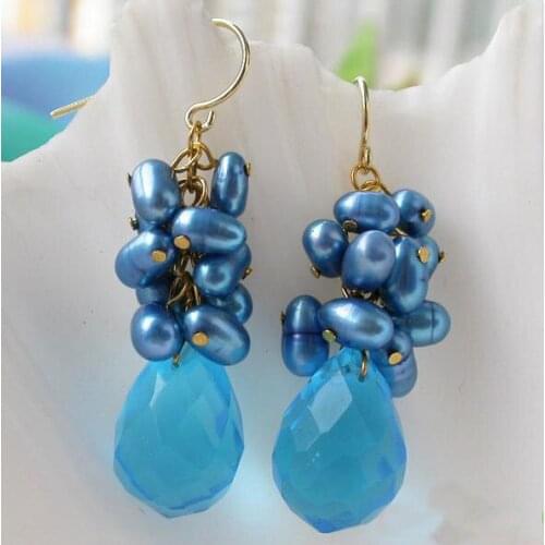 Elegant 100% Genuine Freshwater Pearl Dangle Earrings For Women,5-6mm Blue Crystal Rice Pearl Jewellery