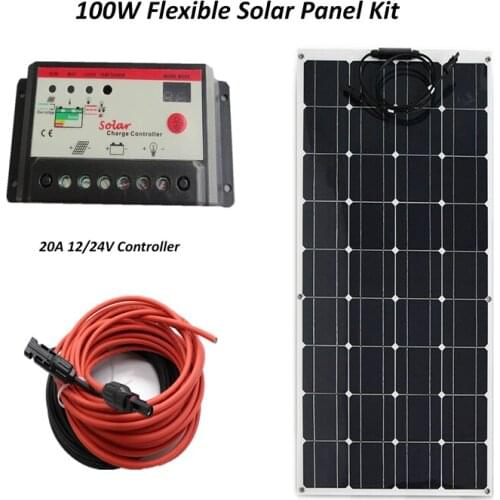 Flexible 12V 100w Solar Panel Diy Kit for battery 100W Monocrystalline silicon Panel+20A LED solar controller+ cable RV/Marine