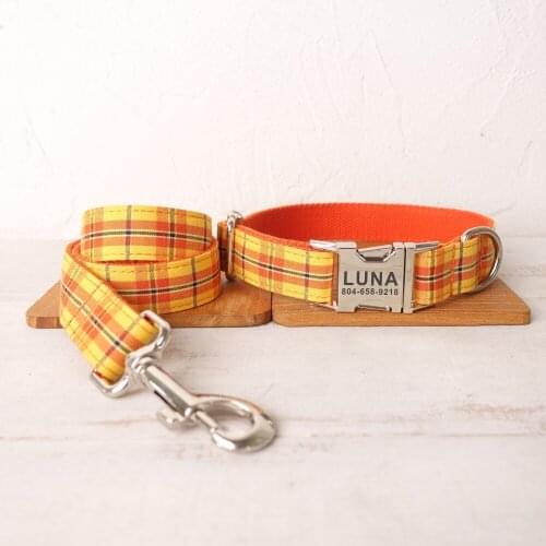 Personalized Dog Collar Customized Pet Collars Free Engraving ID Name Tag Pet Accessory Cheese Plaid Puppy Collar Leash Set