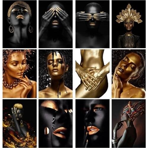 African Art Black and Gold Woman Oil Painting on Canvas Cuadros Posters and Prints Scandinavian Wall Art Picture for Living Room