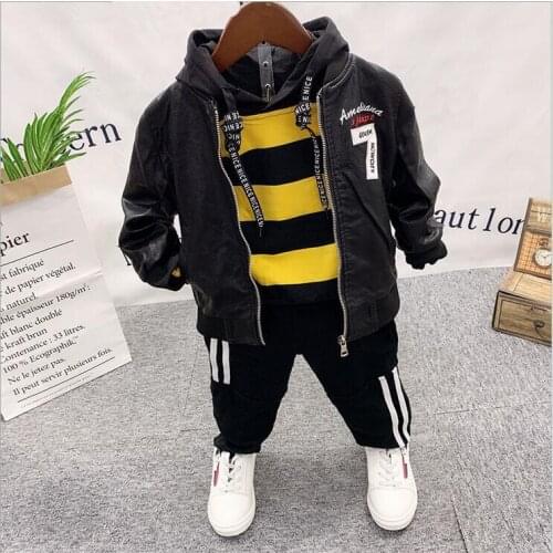 Boys Faux Leather Coat + Hoodie+ jeans 3pcs Set Boys 2-6Years Clothes Sets Spring Autumn Baby Boy Clothing Toddler Casual sets