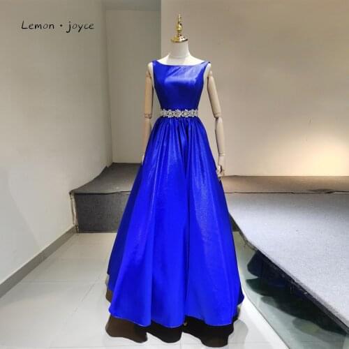 Lemon Joyce Royal Blue Prom Dresses 2021 O-Neck Sleeveless Crystal Beads Simple Dress Prom Party Gowns Plus Size