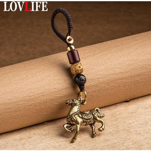 Copper Zodiac Horse Animal Keyring Hanging Jewelry Handmade Braied Bodhi Bead Rope Vintage Fashion Lanyard Car Key Chain Pendant