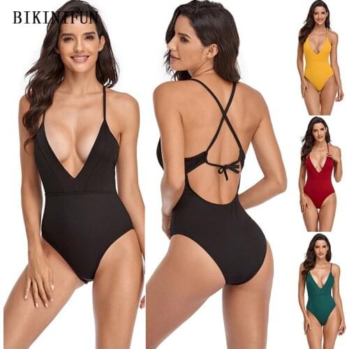 2021 New Sexy V Plunge One Piece Suit Women Solid Color Swimwear Cross Back Swimsuit S-XL Girl Low Cut Back Monokini Beachwear