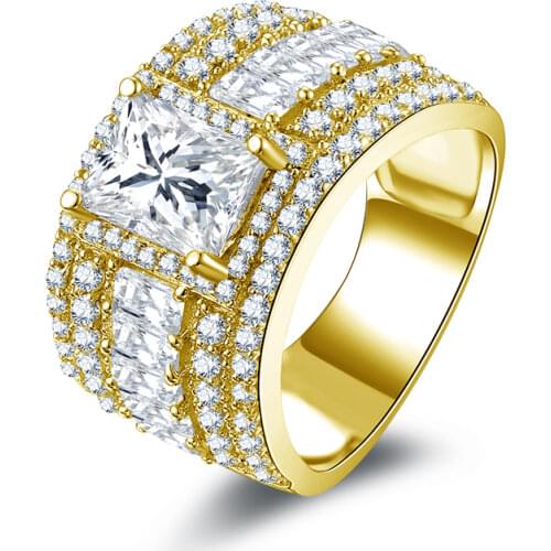 QYI Luxury 14k Solid Yellow Gold Wedding Rings Women Retangle Cut Simulated Diamond Micro Pave Engagement Rings For Women