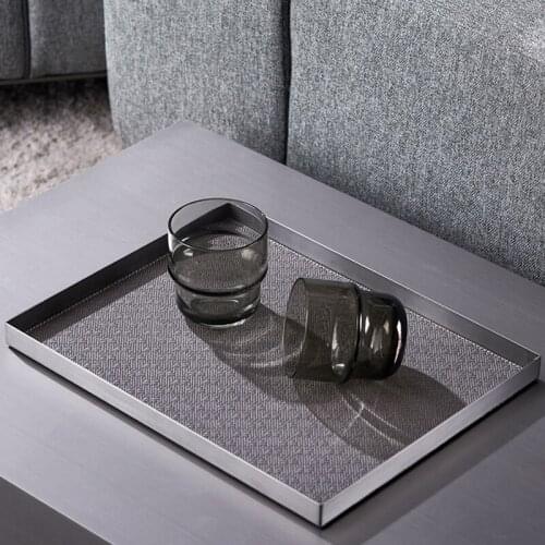 Luxury Black Stainless Steel Splicing Leather Tray Sales Center Office Lobby Coffee Desktop Soft Decor Ornaments Storage Tray