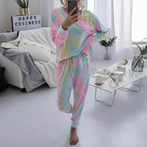 Tracksuit Casual suit 2020 Autumn Winter Womens Suit Tie dye Printed 0-Neck Sweatshirt + Long Pant 2 Piece Set
