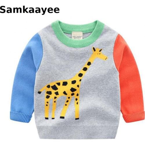 3-9y Kids Sweater Spring Autumn Boys Girls Knitted Clothing Children Cartoon Giraffe Dinosaur Top O-Neck Clothes Knitwear Y33
