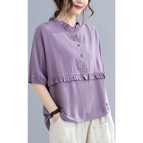 Plus Size Women Cotton Casual Shirts New 2021 Summer Vintage Style Stand Collar Ruffles Loose Fmale Short Sleeve Tops S3793