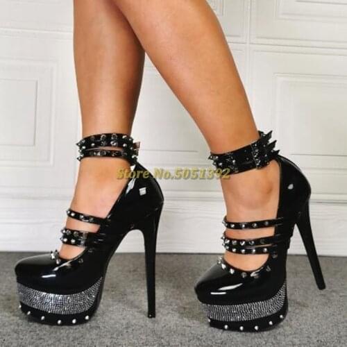 Rivet Platform Pumps Punk Style Round Toe Black Spikes Rhinestone Patent Leather Stiletto Heel Buckles Rock Club Pumps Woman