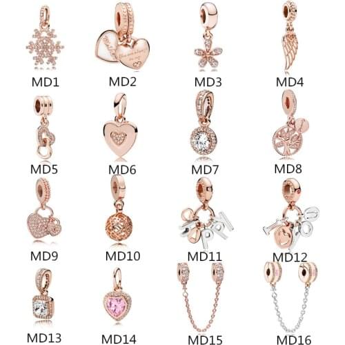 Anomokay Sterling 925 Silver Mix Style Rose Gold Heart Tree Flower Pendant fit Pandora Bracelet S925 Charm for DIY Jewelry