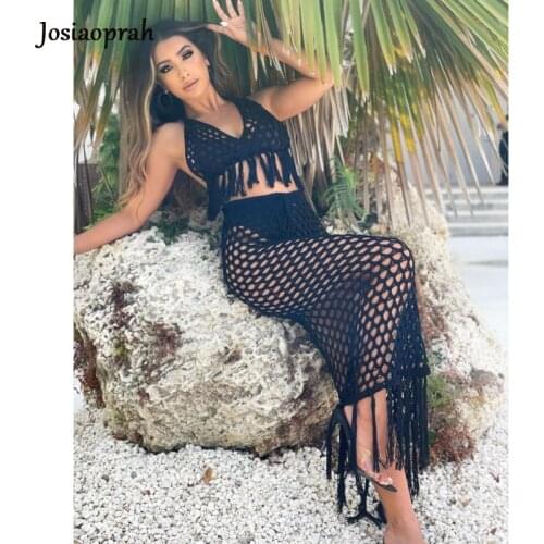 Josiaoprah Women Spaghetti Strap Long Dress Lady Tassel Sexy Backless Hollow Out Maxi Dress Slim Bodycon Holiday Beach Wear