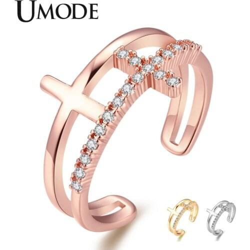 UMODE New Cross Adjustable Rings for Women CZ Crystal Rose&White Gold Open Cuff Ring Double Layers Zirconia Jewelry AUR0454