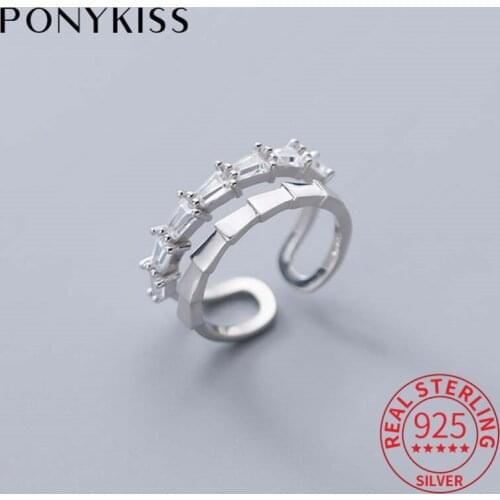PONYKISS S925 Sterling Silver Slub shape Double layer Openning zircon Ring for Women fine jewelry Accessory Party girls Gift