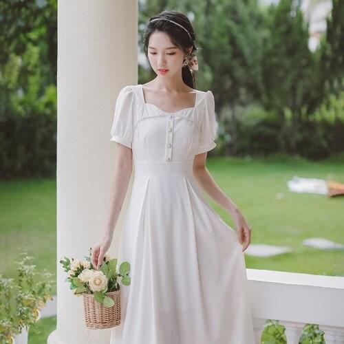 Summer Dress French Retro White Dress Women Beaded Square Neck Elegant Chic Puff Sleeve Temperament Vestidos