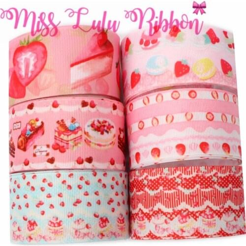 16mm-75mm Strawberry Series Cake Macaron Fruits Printed Grosgrain/Elastic Ribbon Pink DIY Hair Bowknots Gift Pack 50yards/roll