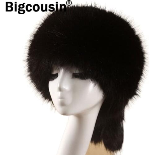 2021 Faux Fox Fur Hats Super Warm Fluffy Hat Russian Ski Caps Skullies Beanies Ear warmer Flat Top 2 Tails Design Cute Thick Hat