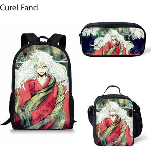 New Hot Image 3Pcs Inuyasha Cartoon Print School Bags Kids Boy School Backpacks Shoulder Bagpack Children Bookbag Satchel