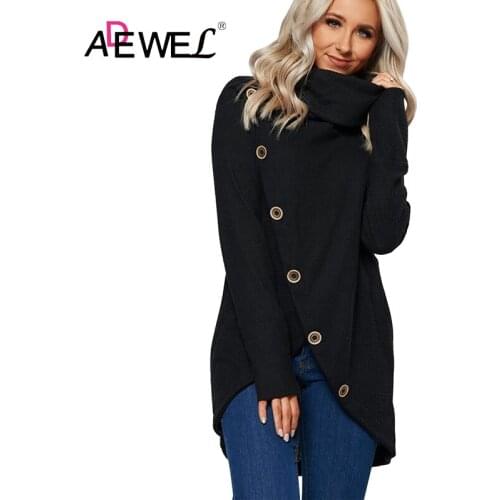ADEWEL Black Turtleneck Button Front Slit High Low Hem Sweater Plus Size Woman Ropa De Mujer Femme Chandails Vrouw Truien 2XL