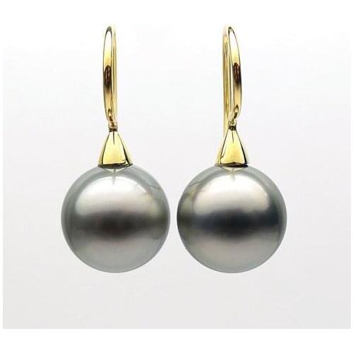 Free Shipping AAA 10-11MM Natural Gray Real Tahitian Pearl Drop Earrings Solid 9K Yellow Gold