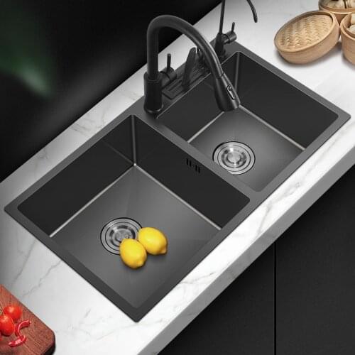 Nano 304 Stainless Steel Black Kitchen Sink Double Trough Thickened Vegetable Washing Basin with Knife Rest Manual Kitchen Sink
