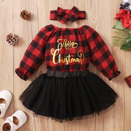 2022 New Year Baby Christmas Clothes Set Printed Long Sleeve Romper Black Mesh Skirt and Headband 3PCS Baby Girl XMAS Clothes