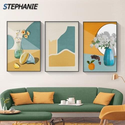 Nordic Blue Yellow Color Canvas Painting Fruit Poster Print Plant and Flower Wall Art Pictures for Dining Room Minimalism Decor