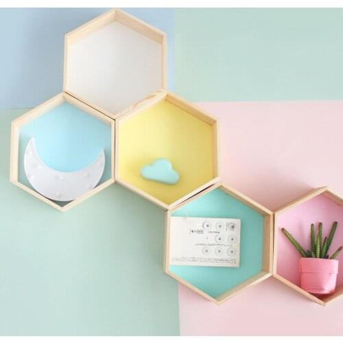Creative Nordic Wood Shelf Wall Decoration Kids Room Candy Organization Hexagon Wood Storage Photography Props Polygon Box Decor