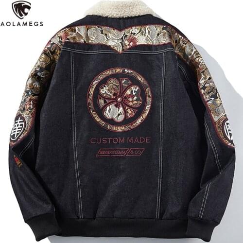 Aolamegs Embroidery Patchwork Jacket Men Winter Warm Thicken Jackets Japanese Denim Coats Fashion Oversized Retro Outwears M-3XL