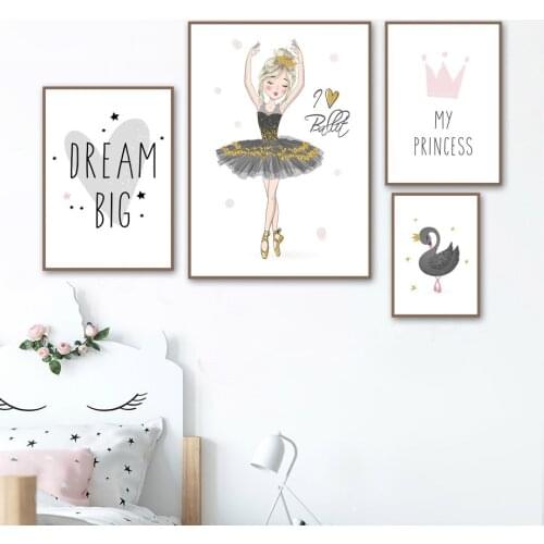 Cute Ballet Girl Crown Dream Quotes Wall Art Canvas Nordic Posters And Prints Nursery Kids Room Decorations No Framed Wall Art