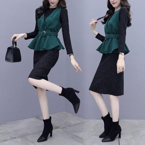 Fashion Temperament Vest Jacket Women Set Dress Two-Piece Autumn Wear 2021 New Womens Suit Elegant Slim Ruffle Belt Outfit M251