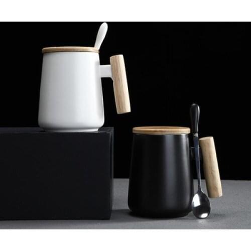 Nordic New Design Simple White Black Ceramic Coffee Mug with Wooden 480ml Water Cup for Business Gift Modern Style Mugs