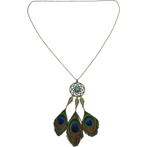 New 2017 Bohemian Ethnic Retro Bronze Chain Peacock Feather Hollw Flower Bead Tassel Long Statement Necklace For Women Jewelry