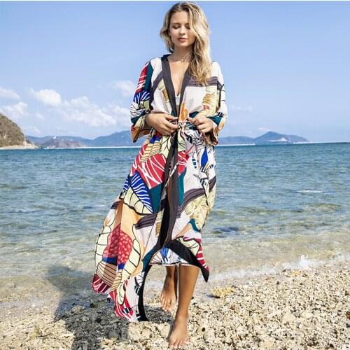 Sexy Bikini Cover-ups Cotton Tunic Boho Printed Summer Beach Dress Elegant Women Plus Size Beach Wear Swim Suit Cover Up Q1116