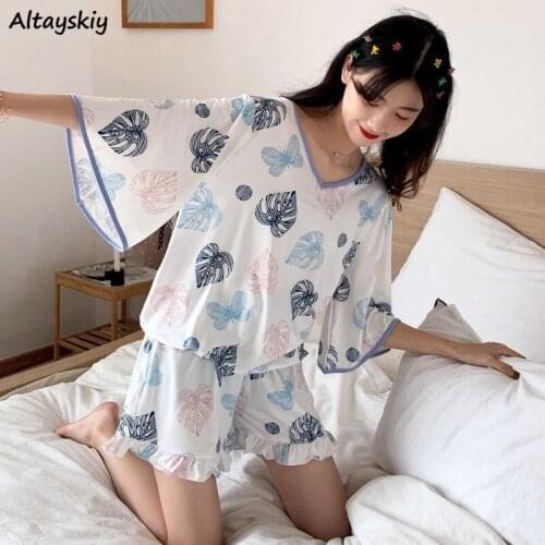Pajama Sets Women Lightweight Summer V-neck Students Sweet Print Simple Korean Style Homewear Harajuku Ruffles Loose Breathable