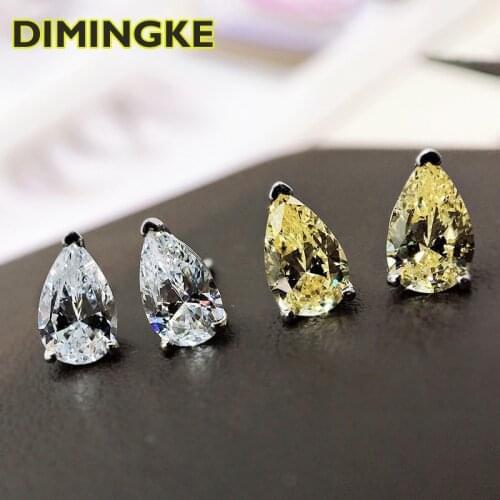 DIMINGKE 4*7 Sparkling Yellow Pink High Carbon Diamond Stud Earrings 100%-S925 Silver Jewelry Sweet Lover Gift Wedding Party
