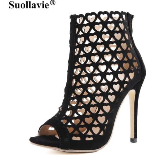 Suollavie Womens Hollow Out Mesh Sandals Pointed Toe High Heels Ankle Strap Ladies Party Shoes Summer Black Size 35-42