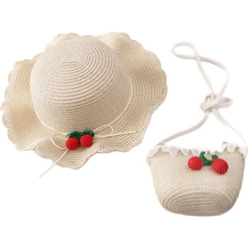 Korean Cartoon Lion Lace Children Sun Hat Bag Set Spring Summer Brand Wide Brim Kid Straw Hat For Boy Girl Bucket Cap