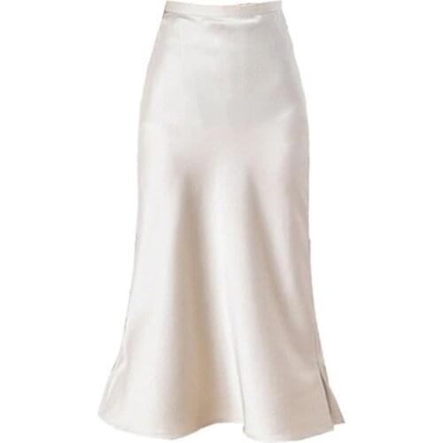 Korean High Waist Poplin Mermaid Skirts Womens Elegant Silk Midi-Length Bodycon Ruffle Skirt Office Lady Jupes Femininas