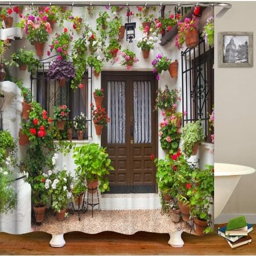 Garden Landscape Idyllic Street Flowers Scenery Waterproof Polyester Cloth Shower Curtain Bathroom Screens Home Decor Wall Cloth