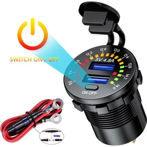 Dual USB Charger Socket Voltmeter Switch Waterproof DC 5V 4.8A USB Outlet Fast Charger for 12V Car Boat Motorcycle Truck Golf