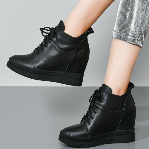 10cm High Heel Fashion Sneakers Women Lace Up Genuine Leather Wedges Ankle Boots Female Round Toe Platform Oxfords Casual Shoes
